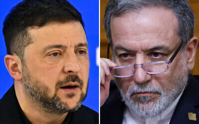 Ukrainian President Volodymyr Zelensky (left) at the World Economic Forum in Davos, Switzerland, January 22, 2026. (Fabrice Coffrini/AFP); Iranian Foreign Minister Abbas Araghchi (right) in Moscow, Russia, December 17, 2025. (Ramil Stidikov/Pool/AFP) Ukrainian President Volodymyr Zelensky (left) at the World Economic Forum in Davos, Switzerland, January 22, 2026. (Fabrice Coffrini/AFP); Iranian Foreign Minister Abbas Araghchi (right) in Moscow, Russia, December 17, 2025. (Ramil Stidikov/Pool/AFP)