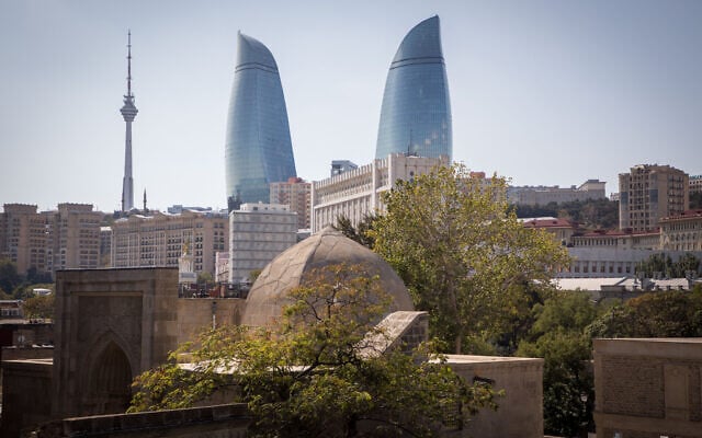 Illustrative: A trio of skyscrapers in Baku, the capital of Azerbaijan. October 11, 2019. (Nati Shohat/FLASH90) Illustrative: A trio of skyscrapers in Baku, the capital of Azerbaijan. October 11, 2019. (Nati Shohat/FLASH90)
