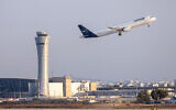 A Lufthansa plane takes off at the Ben Gurion International Airport, outside of Tel Aviv, August 14, 2025. (Yossi Aloni/Flash90)