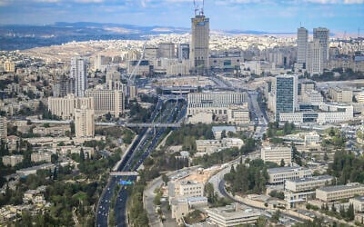 View of Jerusalem's Begin Highway and  surrounding areas, as seen from a helicopter, on October 12, 2025 (Arie Leib Abrams/Flash90)