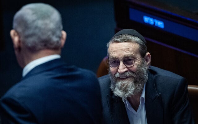Prime Minister Benjamin Netanyahu (left) speaks with MK Moshe Gafni during a 40 signatures debate in the Knesset plenum, November 10, 2025. (Yonatan Sindel/Flash90) Prime Minister Benjamin Netanyahu (left) speaks with MK Moshe Gafni during a 40 signatures debate in the Knesset plenum, November 10, 2025. (Yonatan Sindel/Flash90)