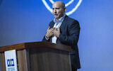 Former prime minister Naftali Bennett speaks during a conference in Jerusalem on November 19, 2025. (Yonatan Sindel/Flash90)