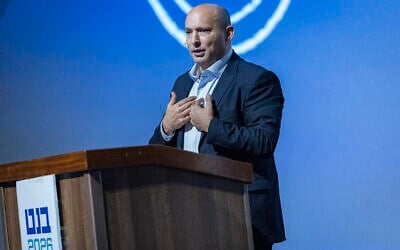 Former prime minister Naftali Bennett speaks during a conference in Jerusalem on November 19, 2025. (Yonatan Sindel/Flash90)