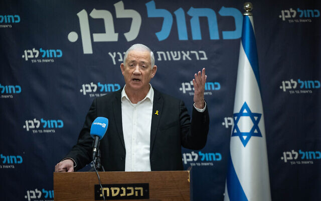 Leader of the Blue and White Party MK Benny Gantz leads a faction meeting at the Knesset in Jerusalem, on December 22, 2025.(Yonatan Sindel/Flash90)