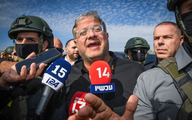 National Security Minister Itamar Ben Gvir speaks to the press as he tours the Bedouin town of Tarabin al-Sana in southern Israel on December 31, 2025. (Dudu Greenspan/Flash90)
*** Local Caption *** תראבין
איתמר בן גביר
השר לביטחון לאומי
ביקור
סיור
יישוב בדואי
טרבין אל-צאנע
טרבין א-צאנע
דרום ישראל
נגב
בדואים
פוליטיקה
ביטחון פנים National Security Minister Itamar Ben Gvir speaks to the press as he tours the Bedouin town of Tarabin al-Sana in southern Israel on December 31, 2025. (Dudu Greenspan/Flash90)
*** Local Caption *** תראבין
איתמר בן גביר
השר לביטחון לאומי
ביקור
סיור
יישוב בדואי
טרבין אל-צאנע
טרבין א-צאנע
דרום ישראל
נגב
בדואים
פוליטיקה
ביטחון פנים