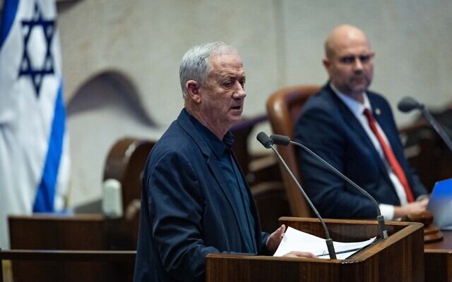 Blue and White party leader Benny Gantz attends a 40-signature debate at the Knesset plenum in Jerusalem, January 5, 2026. (Yonatan Sindel/Flash90)