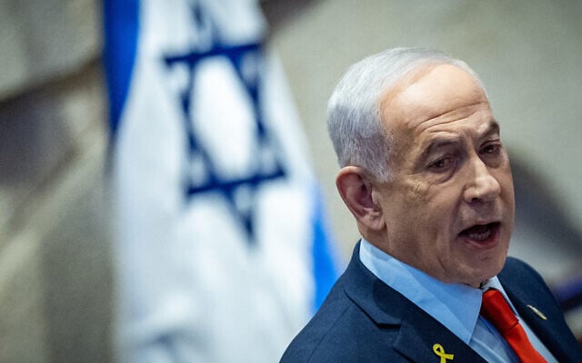 Prime Minister Benjamin Netanyahu speaks at a 40-signature debate at the Knesset plenum in Jerusalem, January 5, 2026. (Yonatan Sindel/Flash90)