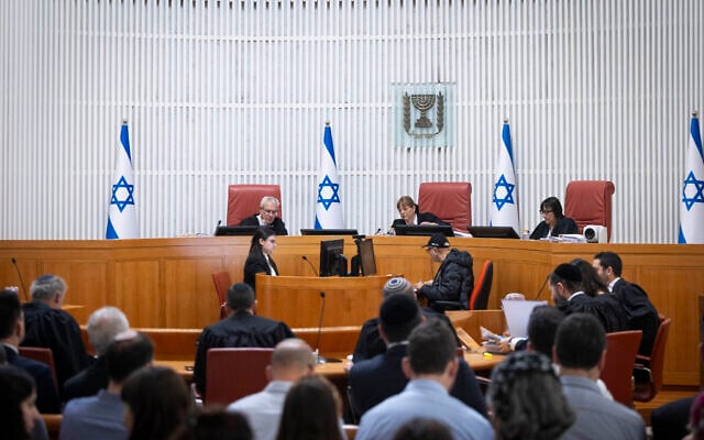 The High Court of Justice holds a hearing in Jerusalem on a petition against the Knesset Finance Committee’s decision to transfer funds to ultra-Orthodox schools that don't teach core subjects, January 8, 2026. (Chaim Goldberg/Flash90) The High Court of Justice holds a hearing in Jerusalem on a petition against the Knesset Finance Committee’s decision to transfer funds to ultra-Orthodox schools that don't teach core subjects, January 8, 2026. (Chaim Goldberg/Flash90)