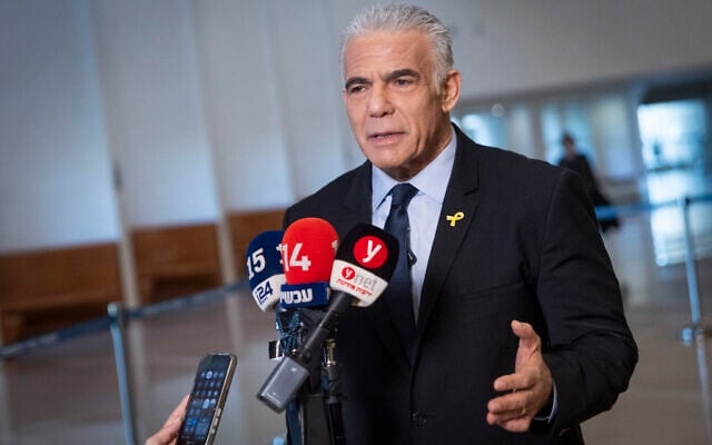 MK Yair Lapid arrives for a court hearing at the High Court of Justice in Jerusalem for a hearing on petitions against the transfer of funds to ultra-Orthodox educational institutions, January 8, 2026. (Chaim Goldberg/Flash90) MK Yair Lapid arrives for a court hearing at the High Court of Justice in Jerusalem for a hearing on petitions against the transfer of funds to ultra-Orthodox educational institutions, January 8, 2026. (Chaim Goldberg/Flash90)