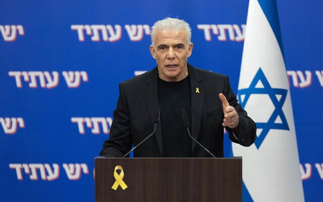 Yesh Atid leader Yair Lapid at a faction meeting at the Knesset, January 12, 2026. (Yonatan Sindel/Flash90) Yesh Atid leader Yair Lapid at a faction meeting at the Knesset, January 12, 2026. (Yonatan Sindel/Flash90)