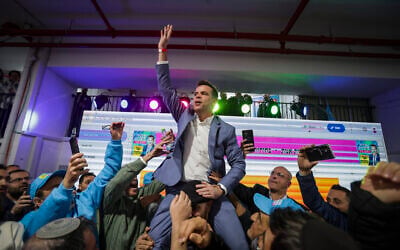 Avi Slama, the newly elected mayor of Netanya, celebrates his victory after the polls close in the Netanya mayoral election at his campaign headquarters in Netanya, January 20, 2026. (Tal Gal/Flash90)
