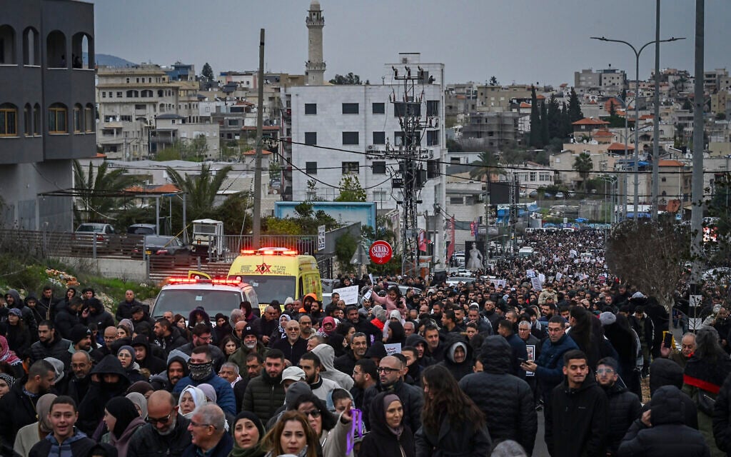 Members of the Arab community protest against the violence in their community, in Sakhnin, northern Israel, January 22, 2026. (Michael Giladi/Flash90)