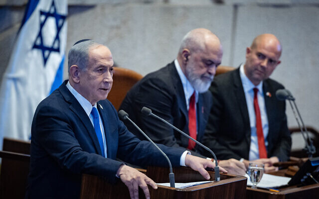 Prime Minister Benjamin Netanyahu (left) speaks at a special session in honor of Albanian Prime Minister Edi Rama (center) at the Knesset, in Jerusalem, January 26, 2026. (Yonatan Sindel/Flash90) Prime Minister Benjamin Netanyahu (left) speaks at a special session in honor of Albanian Prime Minister Edi Rama (center) at the Knesset, in Jerusalem, January 26, 2026. (Yonatan Sindel/Flash90)