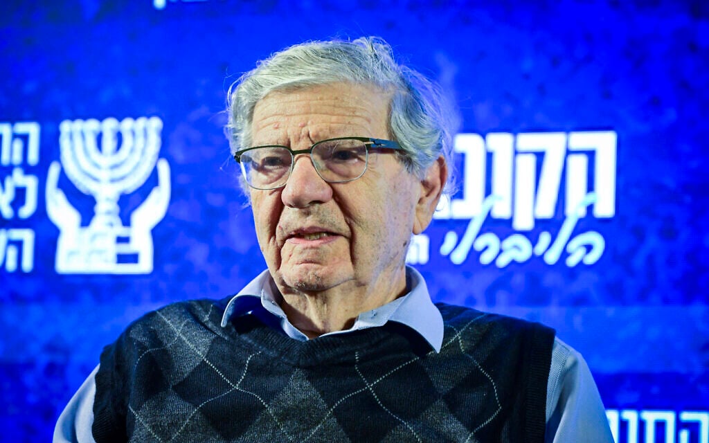 Former Supreme Court President Aharon Barak attends a conference held by the Movement for Quality Government in Tel Aviv, January 28, 2026. (Avshalom Sassoni/Flash90)