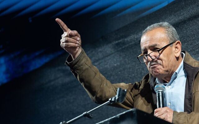Arab-Israeli community leader Jamal Zahalka speaks at a protest against violence in the Arab community, in Tel Aviv on January 31, 2026. (Yonatan Sindel/Flash90) Arab-Israeli community leader Jamal Zahalka speaks at a protest against violence in the Arab community, in Tel Aviv on January 31, 2026. (Yonatan Sindel/Flash90)
