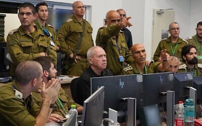 Assaf Shmuelevitz (2nd from left) is seen during a security assessment held by then-Defense Minister Yoav Gallant and other senior officers at the IDF Southern Command on October 9, 2023. (Defense Ministry)