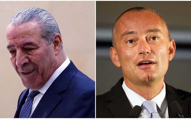 (Right) Hussein al-Sheikh in Ramallah on April 23, 2025 (Zain JAAFAR / AFP) and (left) The United Nations special envoy, Nickolay Mladenov, speaks during a press conference in Jerusalem on June 25, 2020. (Menahem KAHANA / AFP) (Right) Hussein al-Sheikh in Ramallah on April 23, 2025 (Zain JAAFAR / AFP) and (left) The United Nations special envoy, Nickolay Mladenov, speaks during a press conference in Jerusalem on June 25, 2020. (Menahem KAHANA / AFP)
