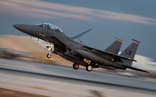 A US Air Force F-15E Strike Eagle assigned to the 494th Expeditionary Fighter Squadron lands at an unnamed base in the Middle East, January 18, 2026. (CENTCOM/X)