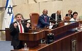 Illustrative: Finance Minister Bezalel Smotrich addresses the Knesset on January 28, 2026. (Sam Sokol/Times of Israel)