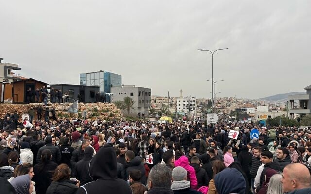 Tens of thousands of protesters march against police's failure to rein in violent crime in the Arab society in Sakhnin, northern Israel, on January 22, 2026. (Charlie Summers/Times of Israel) Tens of thousands of protesters march against police's failure to rein in violent crime in the Arab society in Sakhnin, northern Israel, on January 22, 2026. (Charlie Summers/Times of Israel)