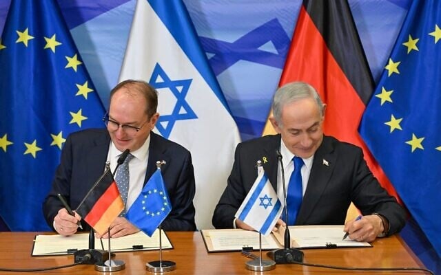Prime Minister Benjamin Netanyahu (right) and visiting German Interior Minister Alexander Dobrindt sign a joint declaration in Jerusalem, January 11, 2026. (Kobi Gideon/GPO) Prime Minister Benjamin Netanyahu (right) and visiting German Interior Minister Alexander Dobrindt sign a joint declaration in Jerusalem, January 11, 2026. (Kobi Gideon/GPO)