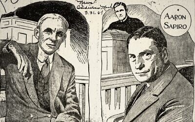 A political drawing depicting the trial of Aaron Sapiro (at right) v. Henry Ford. (Courtesy of Gaylen Ross and Carol King)