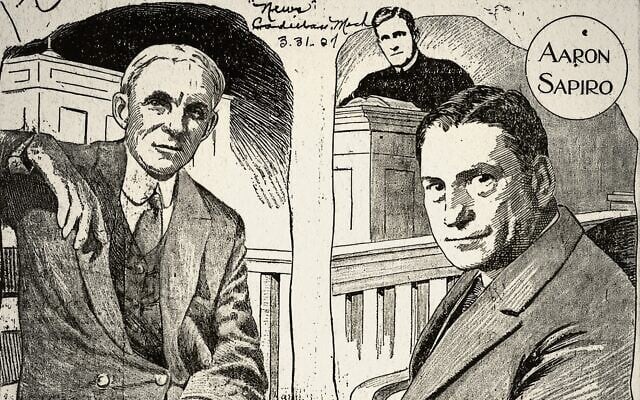 A political drawing depicting the trial of Aaron Sapiro (at right) v. Henry Ford. (Courtesy of Gaylen Ross and Carol King)