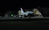 UK Royal Air Force Typhoon FGR4s take part in a joint strike operation with France on an underground facility in Syria that had likely been used by the Islamic State group to store weapons on January 3, 2026. (UK Defense Ministry via AFP)