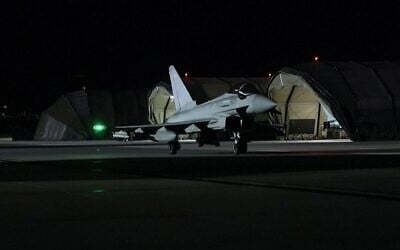 UK Royal Air Force Typhoon FGR4s take part in a joint strike operation with France on an underground facility in Syria that had likely been used by the Islamic State group to store weapons on January 3, 2026. (UK Defense Ministry via AFP)