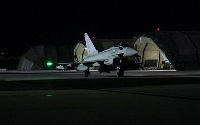 UK Royal Air Force Typhoon FGR4s take part in a joint strike operation with France on an underground facility in Syria that had likely been used by the Islamic State group to store weapons on January 3, 2026. (UK Defense Ministry via AFP) UK Royal Air Force Typhoon FGR4s take part in a joint strike operation with France on an underground facility in Syria that had likely been used by the Islamic State group to store weapons on January 3, 2026. (UK Defense Ministry via AFP)