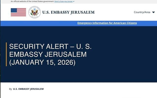 Screen capture of a US Embassy in Jerusalem security alert on travel to Israel, issued January 15, 2026. (US Embassy Jerusalem)