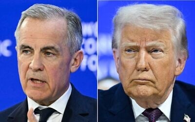 Left: Canada's Prime Minister Mark Carney delivers a speech during the World Economic Forum (WEF) annual meeting in Davos on January 20, 2026. Right: US President Donald Trump reacts at the "Board of Peace" meeting during the World Economic Forum (WEF) annual meeting in Davos on January 22, 2026.