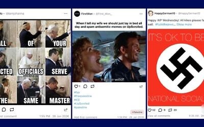 Antisemitic and anti-Israel content found on the social media platform UpScrolled. (Screenshot via JTA)
