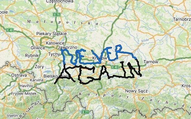 Cyclist Lukáš Klement's 1,000-kilometer (621-mile) bike route in Poland spells the words "Never again" (Zaka Search and Rescue)