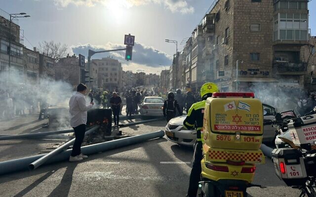 The scene where a man was hit by a vehicle during a protest against the autopsies of two babies who died at a Jerusalem daycare, January 20, 2025 (Magen David Adom)