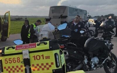 The scene after a Haredi teen was hit by a bus and killed on Route 3533 at the Aluma Junction near Komemiyut on January 21, 2026 (Magen David Adom)