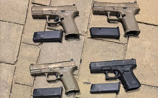 Some of the handguns seized by the IDF following an attempted smuggling using a drone on the Jordanian border, late January 21, 2026. (Israel Defense Forces) Some of the handguns seized by the IDF following an attempted smuggling using a drone on the Jordanian border, late January 21, 2026. (Israel Defense Forces)