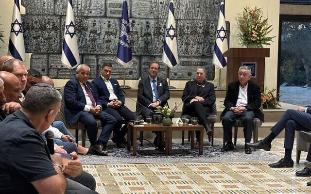 President Isaac Herzog speaks to Jewish and Bedouin council heads from the Negev at the President's Residence in Jerusalem on January 7, 2026. (Charlie Summers/Times of Israel)