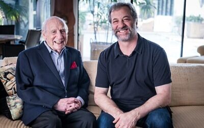 Mel Brooks, left, sat for roughly 10 hours of interviews over five sessions with filmmaker Judd Apatow for the HBO documentary 'Mel Brooks: The 99-Year-Old Man!' (Mathieu Bitton/HBO via JTA)