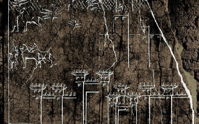 Illustration of a rendering of slab 28 of the Southwest Palace in Nineveh (modern Mosul), Iraq, showing a city that research says may be Jerusalem, superimposed on a picture of the slab taken in 1990 by John Russell. (Trustees of the British Museum, John Russell; Illustration by Times of Israel staff)