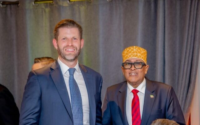 Somaliland President Abdirahman Mohamed Abdullahi, right, poses for a photo with Eric Trump, son of US President Donald Trump and a lead executive of the family's cryptocurrency enterprise, on the sidelines of the World Economic Forum in Davos, Switzerland, January 21, 2026. (Abdirahman Mohamed Abdullahi via X) Somaliland President Abdirahman Mohamed Abdullahi, right, poses for a photo with Eric Trump, son of US President Donald Trump and a lead executive of the family's cryptocurrency enterprise, on the sidelines of the World Economic Forum in Davos, Switzerland, January 21, 2026. (Abdirahman Mohamed Abdullahi via X)
