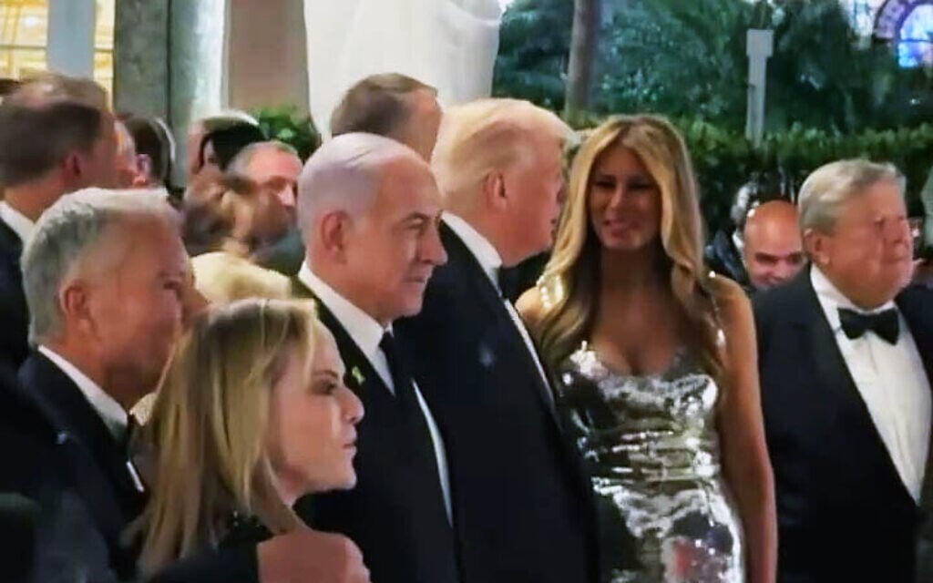 Prime Minister Benjamin Netanyahu stands next to US President Donald Trump and First Lady Melania Trump at the president's New Year's Eve party at his Mar-a-Lago resort in Palm Beach, Florida, on January 1, 2026. (Screenshot: Instagram, used in accordance with Clause 27a of the Copyright Law)