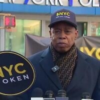 Former NYC mayor Eric Adams announces the launch of a new cryptocurrency, "NYC Token," which he says will aid in the fight against antisemitism, January 12, 2026. (Screenshot via Fox 5 New York on YouTube)