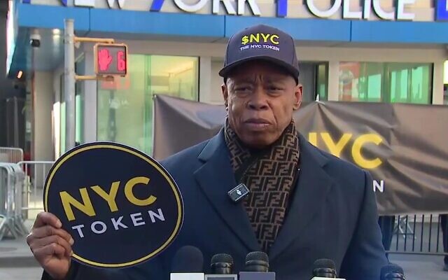 Former NYC mayor Eric Adams announces the launch of a new cryptocurrency, "NYC Token," which he says will aid in the fight against antisemitism, January 12, 2026. (Screenshot via Fox 5 New York on YouTube) Former NYC mayor Eric Adams announces the launch of a new cryptocurrency, "NYC Token," which he says will aid in the fight against antisemitism, January 12, 2026. (Screenshot via Fox 5 New York on YouTube)