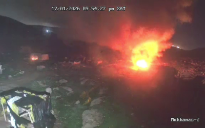 Settlers torch homes and cars during an assault on the Bedouin encampment of Khallet al-Sidra, near Mukhmas in the West Bank, January 17, 2026. (Screenshot)