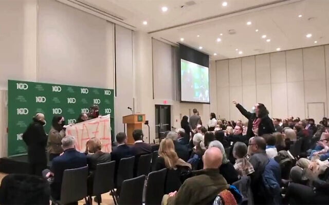 Anti-Israel, pro-Palestinian activists hold up a sign reading "Nazi normalizer" and shout to interrupt an event featuring Jewish New York Times journalist Ezra Klein, at Sarah Lawrence College in Yonkers, on January 30, 2026. (X screenshot) Anti-Israel, pro-Palestinian activists hold up a sign reading "Nazi normalizer" and shout to interrupt an event featuring Jewish New York Times journalist Ezra Klein, at Sarah Lawrence College in Yonkers, on January 30, 2026. (X screenshot)