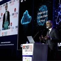 Brig. Gen. (res.) Yossi Karadi, director general of the Israel National Cyber Directorate (INDC) speaks at the 2026 Cybertech conferece in Tel Aviv, Jan. 27, 2026. (Courtesy of Gilad Kavalerchik)