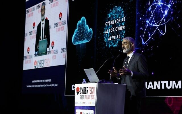 Brig. Gen. (res.) Yossi Karadi, director general of the Israel National Cyber Directorate (INDC) speaks at the 2026 Cybertech conferece in Tel Aviv, Jan. 27, 2026. (Courtesy of Gilad Kavalerchik)