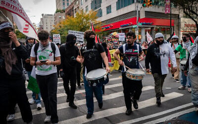 Anti-Israel activists in New York City, October 7, 2024. (Luke Tress/Times of Israel) Anti-Israel activists in New York City, October 7, 2024. (Luke Tress/Times of Israel)
