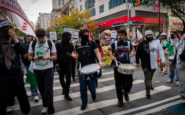 Anti-Israel activists in New York City, October 7, 2024. (Luke Tress/Times of Israel) Anti-Israel activists in New York City, October 7, 2024. (Luke Tress/Times of Israel)